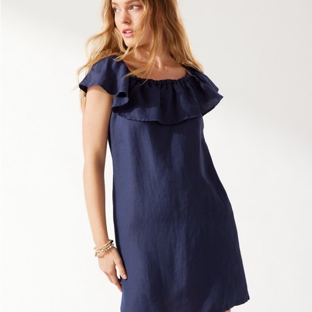 Tommy Bahama Linen Blend Off the Shoulder Dress, size Large, navy